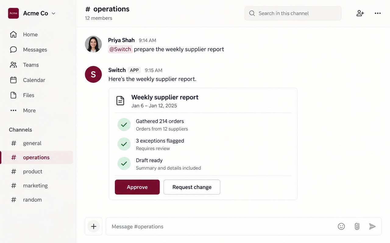 Switch agent posting a finished report for approval in a team chat